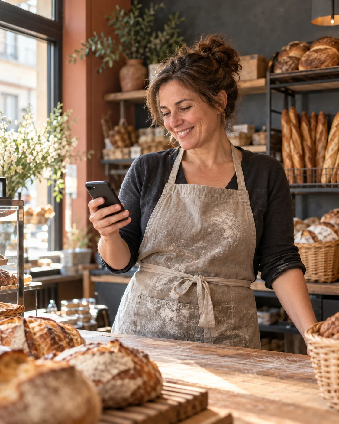 Une boulangère sourit en consultant son téléphone derrière le comptoir de sa boutique.