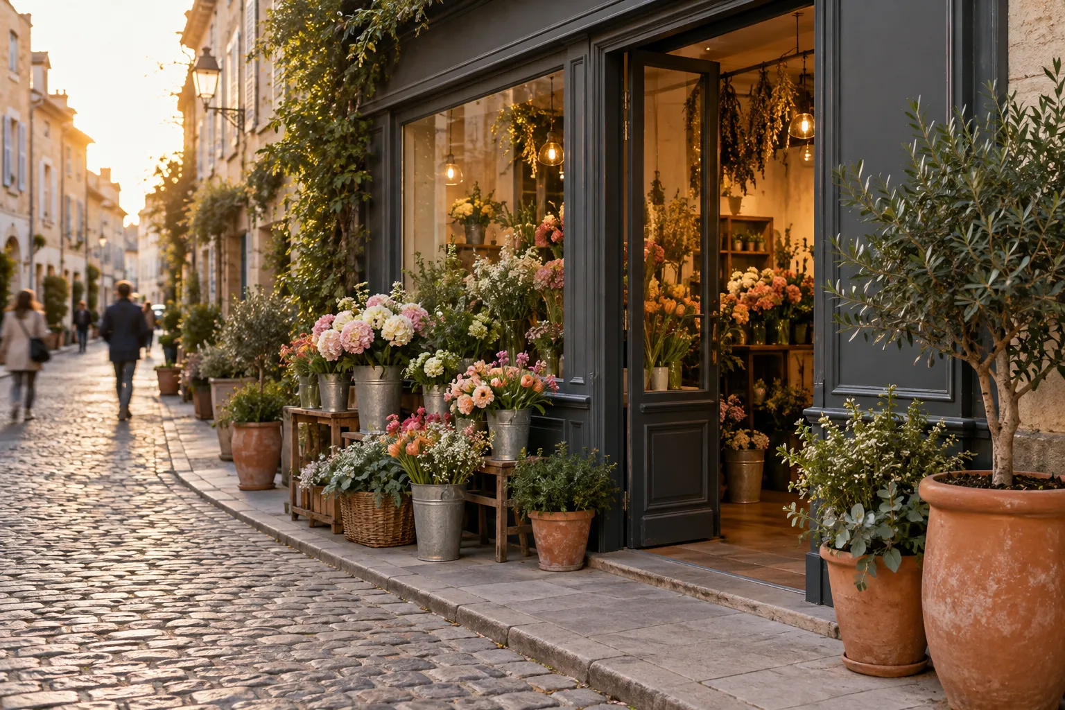 La devanture d’une boutique de fleuriste dans une rue pavée, au coucher du soleil.
