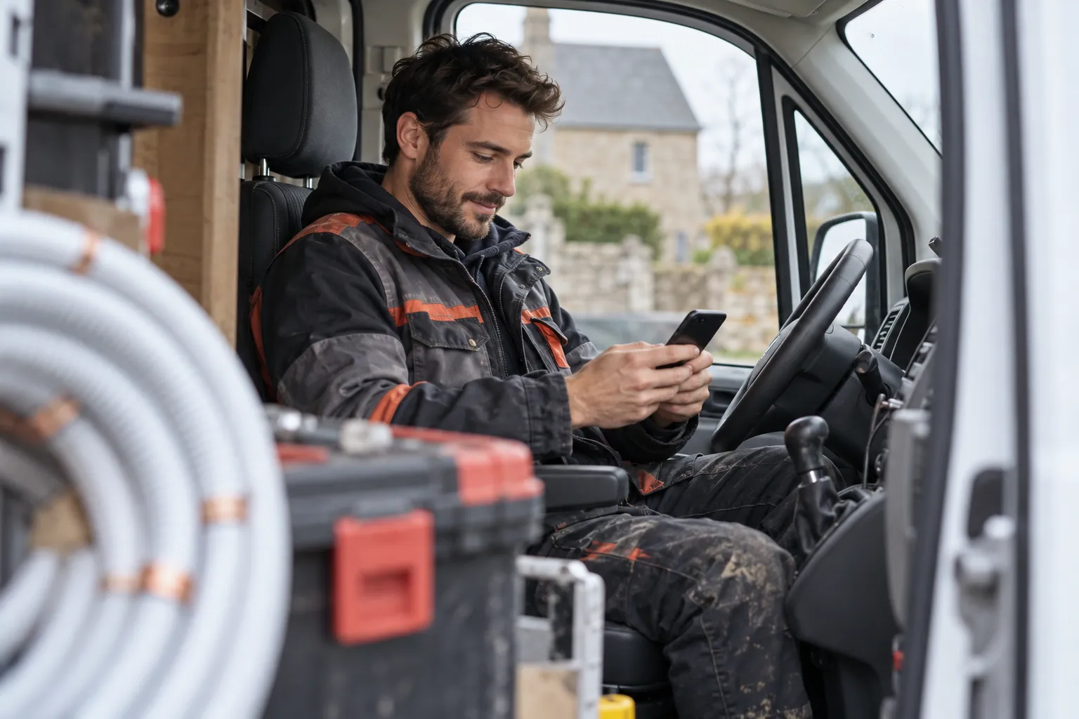 Un plombier assis dans sa camionnette écrit un message sur son téléphone.